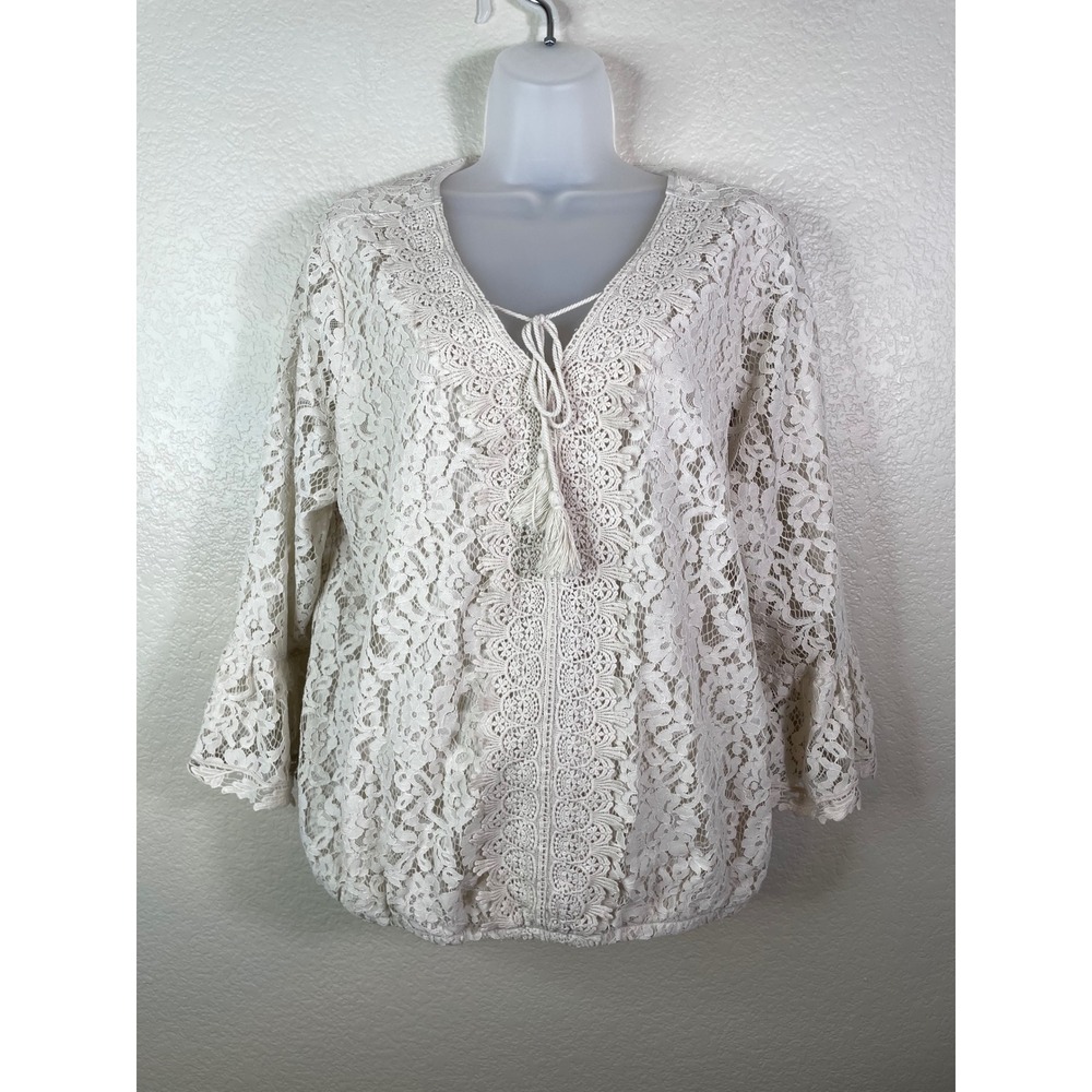 Ali Miles Womens Large Blouse Cream Lace Bell Sleeve Tassel V Neck Top Boho Chic
